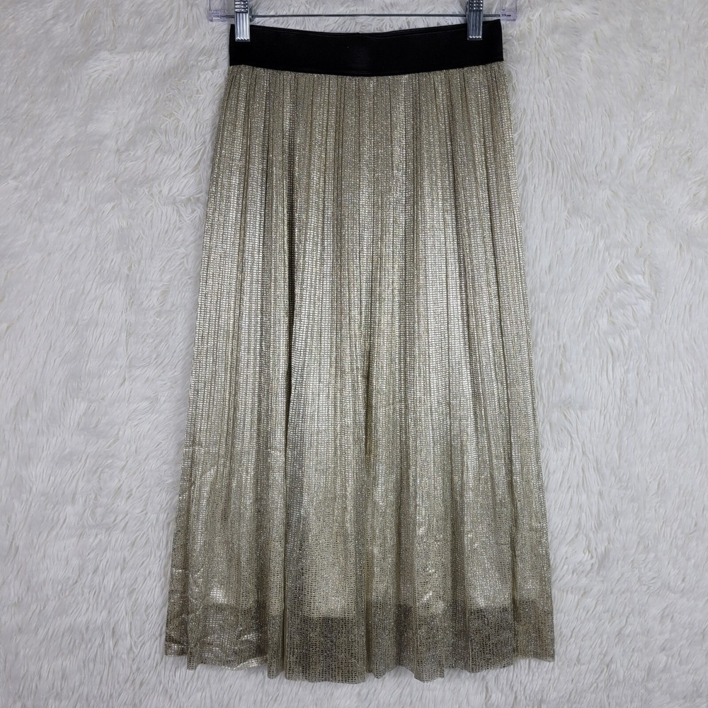 Oak + Fort Metallic Gold Pleated Midi Skirt Black Elastic Waistband Lined Small